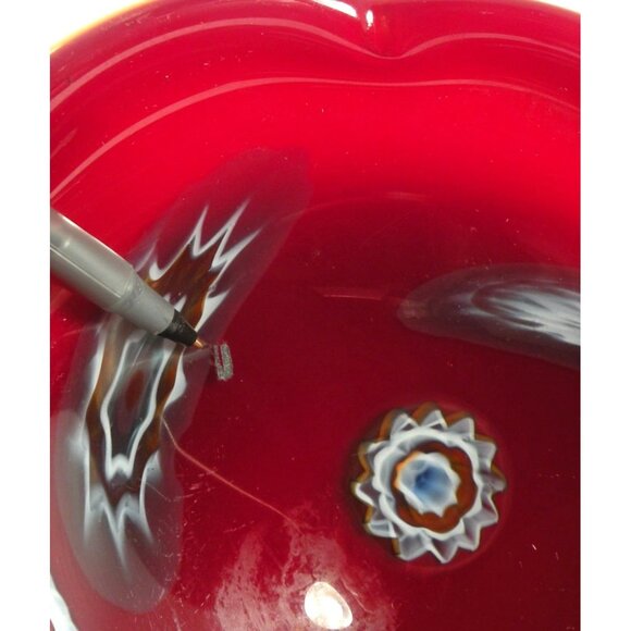 Vintage Mid Century Italian Murano Millefiori Scalloped Art Glass Bowl Red & Whi - Picture 8 of 11